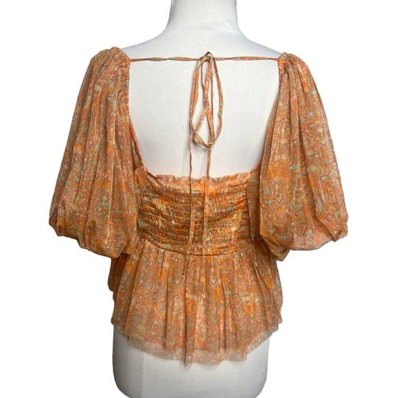Free People Penelope Printed Smocked Peplum Top Orange Size L - Picture 3 of 8